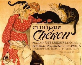 Vet 16" X 20" Cat Veterinarian Clinic Ad Cheron Lady Cats and Dogs Paris French Vintage Poster Repro Matte Paper or Canvas FREE S/H in USA