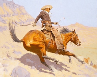 May include: A cowboy on horseback rides through a rocky, desert landscape. The horse is brown with a long, flowing mane and tail. The cowboy is wearing a brown hat, a dark shirt, and brown pants. The scene is painted in a realistic style with muted colors.