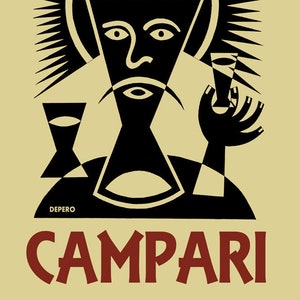 May include: A black and white illustration of a stylized figure holding a glass of Campari. The figure is wearing a crown and has a beard. The text "L'APERITIVO" is at the top of the image and "CAMPARI" is at the bottom in red.