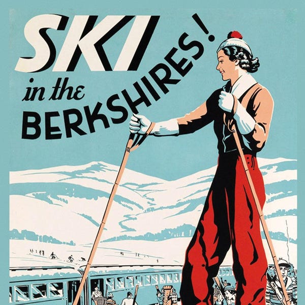 Ski Berkshires Massachusetts Skiing Lady Travel Tourism Sport Vintage Poster Repro FREE SHIPPING in USA Standard Image Sizes for Framing