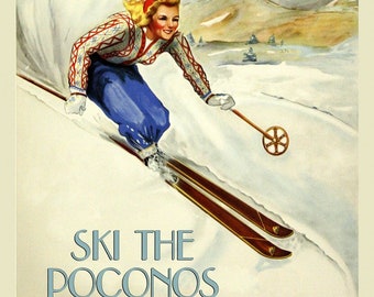 Ski Pocono Mountains Pennsylvania Fine Vintage Poster Repro on Matte Paper or Canvas FREE SHIPPING in USA Standard Image Sizes for Framing