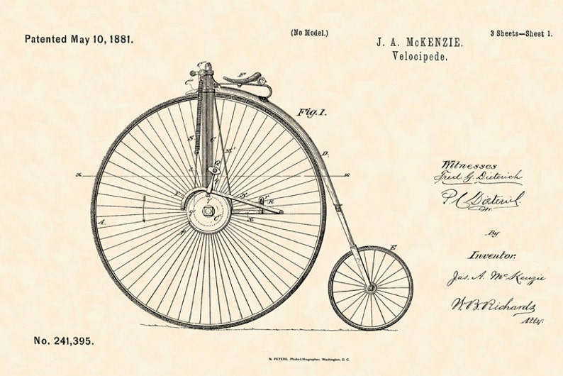 Bike Penny-Farthing High Wheel Bicycle Bike 1881 Velocipede Design Model American US Vintage Poster Repro Free Shipping in USA image 1