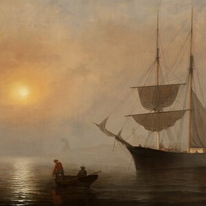 Ship in Fog Gloucester Harbor Massachusetts Sailing Ship Painting By Fitz Henry Lane Travel Tourism on Paper or Canvas FREE SHIPPING in USA