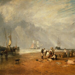 May include: A painting depicting a scene of fishermen selling their catch on a sandy beach. The sky is cloudy with a hint of blue, and the sea is calm. There are several ships in the distance, and a dog is running on the beach.