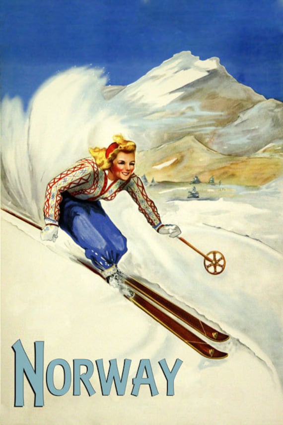 POSTER NORWAY COUPLE SKI JUMPING WINTER SPORT SKIING VINTAGE REPRO FREE S//H