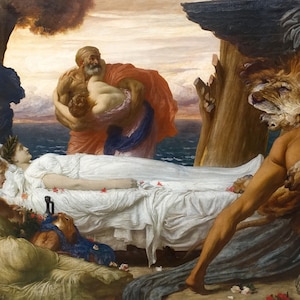 Hercules Wrestling with Death for the Body of Alcestis Mythology Painting By Frederic Leighton Repro on Paper or Canvas FREE SHIPPING in USA