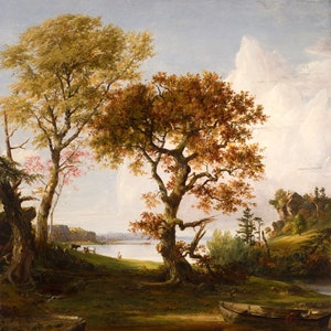 The Hudson River at Piermont Trees Cows American Pastoral Landscape 1852 By Jasper Francis Cropsey on Paper or Canvas FREE SHIPPING in USA