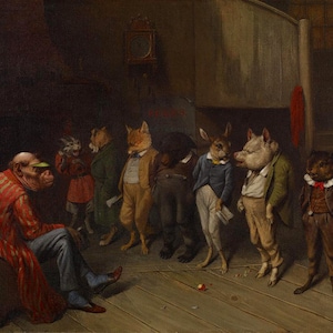 May include: A painting of a group of anthropomorphic animals in a classroom setting. A large, human-like figure with a striped coat and a green visor sits in the front of the room. The animals, including a fox, a rabbit, a pig, and a cat, stand in a line facing the figure. The room is dimly lit and has a wooden floor.