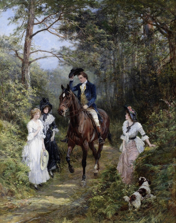Gentleman Horseback Horse Dog Road Fashion Ladies Girls Painting