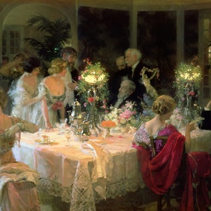 La fin du dîner, café et alcool, mode de fête élégante, 1913, peinture de Jules Grun, reproduction sur papier mat ou toile, livraison gratuite aux États-Unis