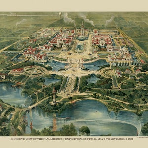 Carte Buffalo New York Bird's Eye View Pan-American 1901 Expo Amazing Quality vintage Poster Repro sur papier ou toile LIVRAISON GRATUITE aux États-Unis