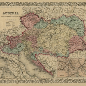 May include: An antique map of Austria from 1850, showing the provinces and major cities. The map is printed in black and white with colored borders and highlights. The map includes a smaller inset map of Vienna.