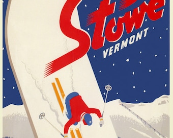 Ski Vermont Mountains Stowe Man Skiing Snowboard Winter Sport Us Travel Vintage Poster Repro on Matte Paper or Canvas FREE SHIPPING in USA