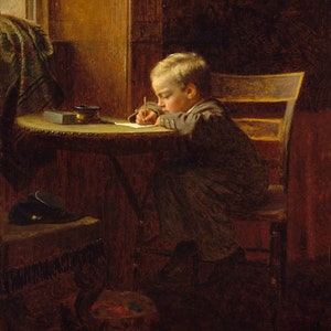 Small Boy Writing to Father United States American Painting by Eastman Johnson on Matte Paper or Canvas Repro FREE SHIPPING in USA