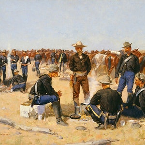 May include: A painting depicting a group of soldiers in uniform gathered around a campfire. The soldiers are seated and standing, some are talking, while others are tending to the fire. There are horses in the background.
