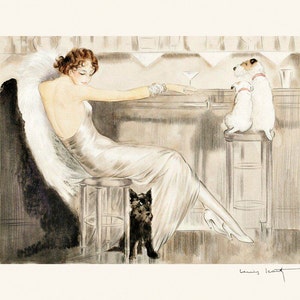 Icart, Louis Art Deco 16&quot;x20&quot; Option Fashion Lady at Bar Scottish Fox Terrier Dogs France French Vintage Poster Repro FREE SHIPPING in USA
