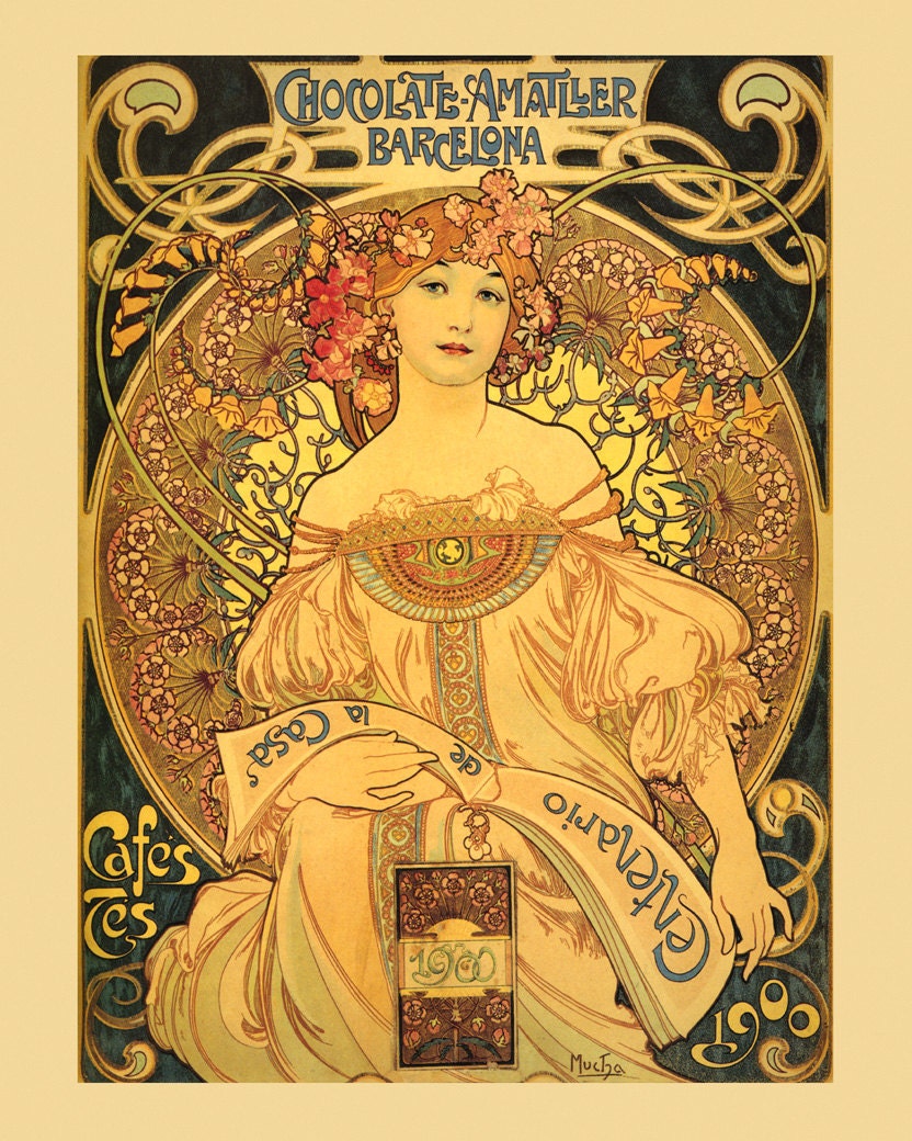 Chocolate Amatller Barcelona Spain Spanish by Alphonse Mucha Fine Vintage  Poster Repro FREE SHIPPING in USA Standard Image Sizes for Framing