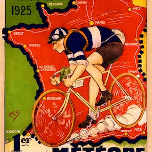 Tour de France à vélo, vélo, carte, Meteore 1925, reproduction d'affiches françaises vintage, livraison gratuite aux États-Unis, tailles d'image standard pour l'encadrement