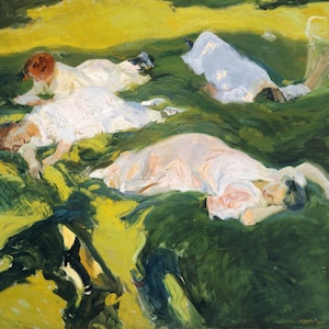 La Siesta The Nap on Green Grass Mother and Daughters 1911 Painting by Joaquin Sorolla Repro on Matte Paper or Canvas FREE SHIPPING in USA