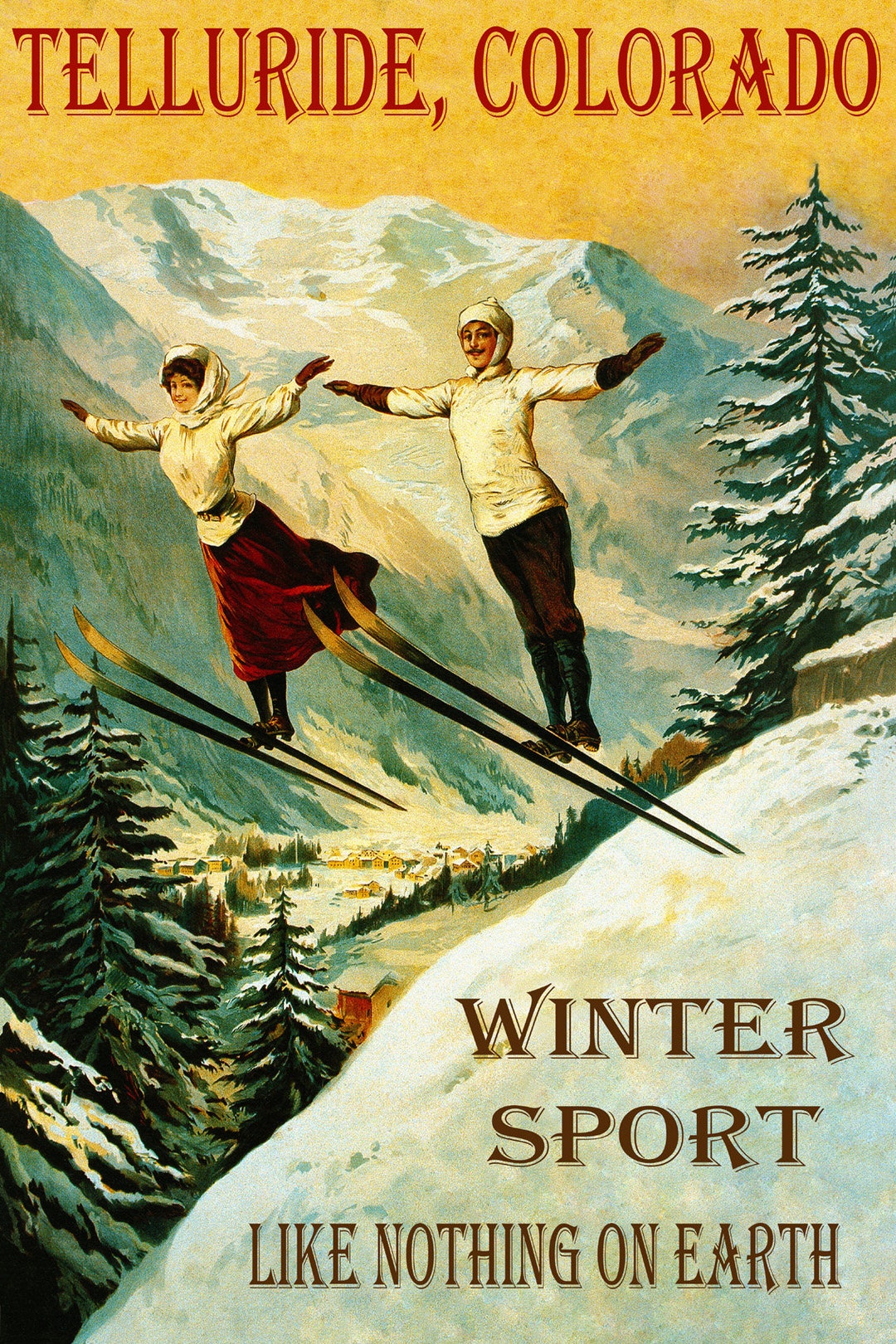 Telluride Colorado Couple Ski Jumping Winter Sport Skiing Like Nothing ...