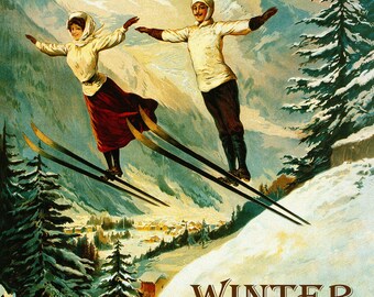 Telluride Colorado Couple Ski Jumping Winter Sport Skiing Like Nothing on Earth Mountains Travel Tourism Vintage Poster Free Shipping in USA