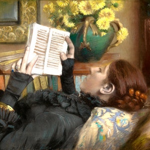 The Artist&#39;s Fashion Wife Woman Lying Reading a Book 1883 Painting by Albert Bartholome on Paper or Canvas FREE SHIPPING in USA