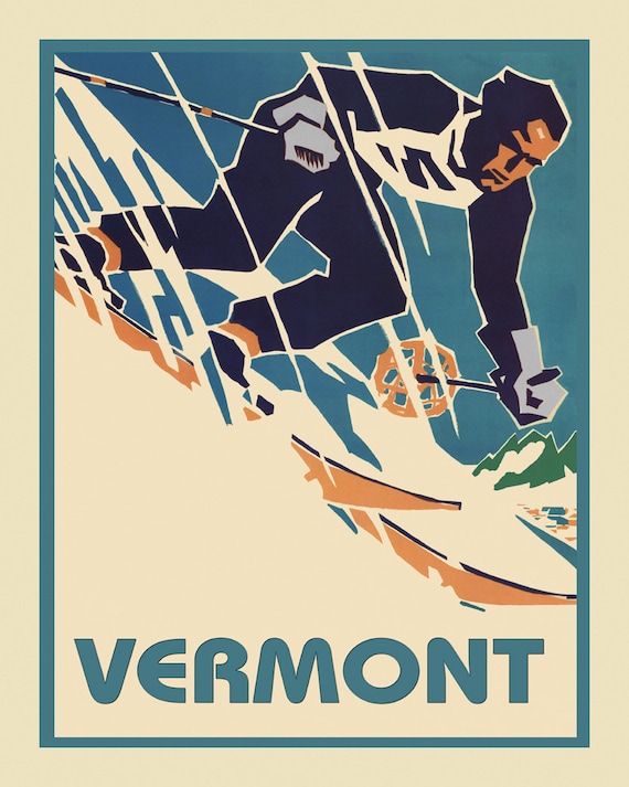 Ski Mountains of Vermont American USA Winter Sport Vintage Poster Repro FREE SH