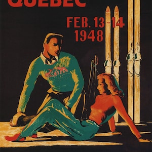 Couple 1948 Ski Skiing Skis Winter Sport in Mont Tremblant Quebec Canada Travel Tourism Vintage Poster Repro Free Shipping in USA