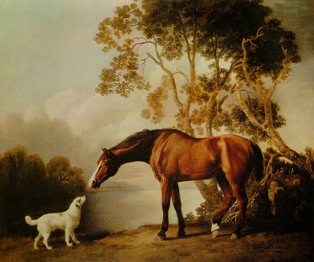 Bay Horse and White Dog Friends Animal Landscape Lake Painting by