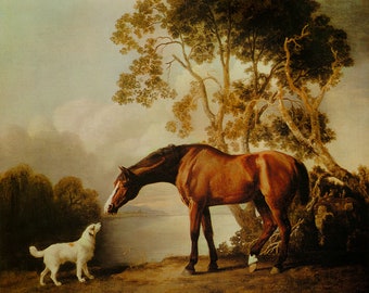 Bay Horse And White Dog Friends Animal Landscape Lake Painting by George Stubbs Repro on Matte Paper or Canvas FREE SHIPPING in USA