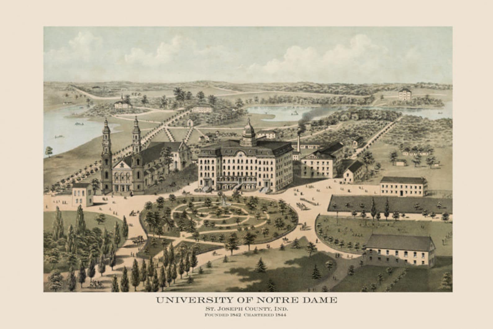 Map Notre Dame 1842 University of Notre Dame South Bend Indiana Bird's