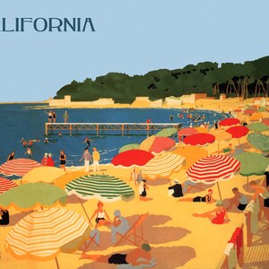 California Beach Sun Umbrellas Beachwear American Travel Tourism Vintage Poster Repro on Matte Paper or Canvas FREE SHIPPING in USA