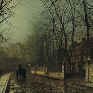 A Wet Moon Putney Road Lonely Wagon England 1886 Painting By John Atkinson Grimshaw on Paper or Canvas FREE SHIPPING in USA
