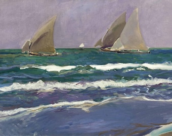 Boats Beach Oecan Sea Sailing Sail Sailboat Valencia Spain Spanish Painting by Joaquín Sorolla on Paper or Canvas FREE SHIPPING in USA