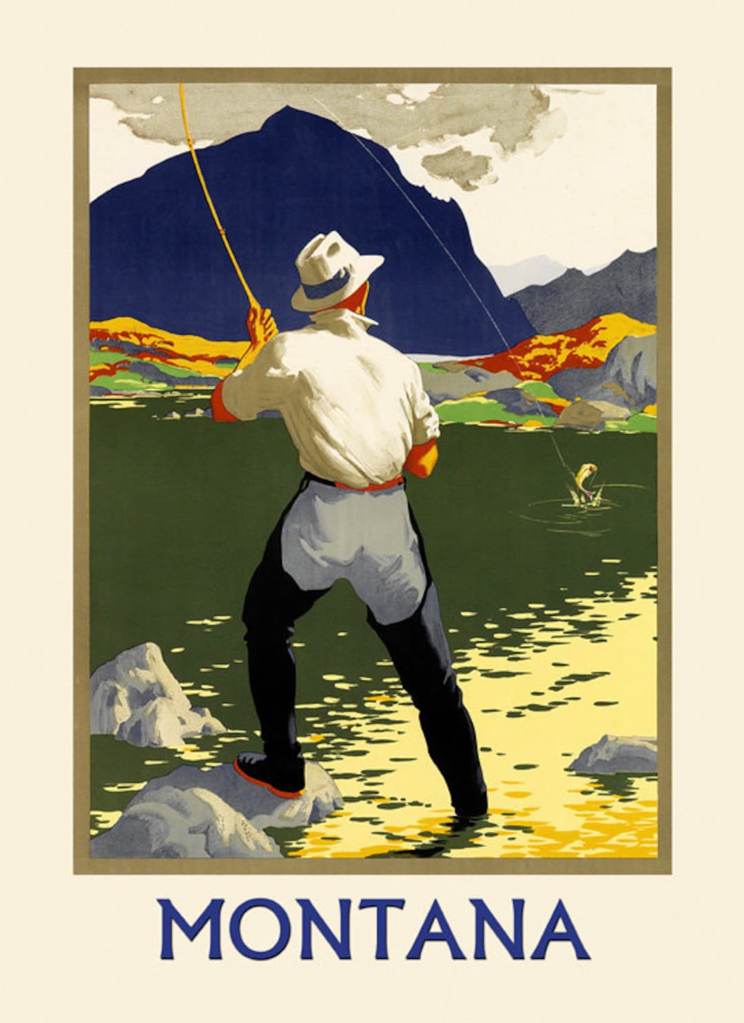Montana Fly Fishing Sport Man American Travel Tourism Vintage