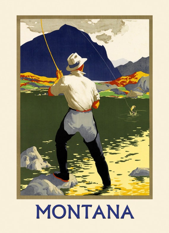 Fly Fishing Scene - Montana: Retro Travel Poster Wall Art, Canvas Prints, Framed  Prints, Wall Peels