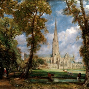May include: A painting of a cathedral with a tall spire, surrounded by trees and a grassy field with cows. The sky is blue with white clouds. The painting is done in a realistic style with a focus on detail.