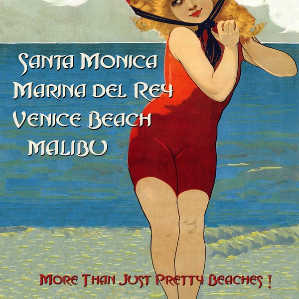 California Beaches Santa Monica Marina Del Rey Lady Venice Malibu Vintage Poster Repro FREE SHIPPING in USA Standard Image Sizes for Framing