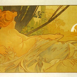 Mucha 1899 Dawn and Dusk Lady Sleeping Left Side By Alphonse Mucha Art Nouveau Painting Repro on Matte Paper or Canvas FREE SHIPPING in USA