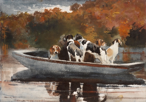 Hunting Dogs in Boat on River in North Woods Adirondacks 1889
