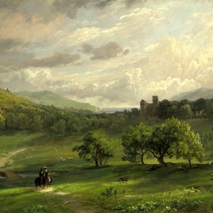 Lulworth Castle Couple Riding Horse England Landscape 1859 Painting By Jasper Francis Cropsey Repro on Matte Paper or Canvas FREE S/H in USA