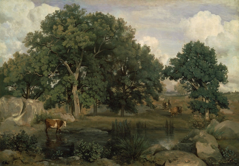 Jean Baptiste Camille Corot Forest of Fontainebleau Cow Lake Farm Landscape Amazing Quality Repro on Paper or Canvas FREE SHIPPING in USA image 1