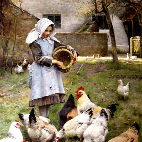 Petite fille nourrissant les poulets Coq Duck Farm 1885 Peinture par Walter Frederick Osborne Repro sur papier mat ou toile GRATUIT S/H aux États-Unis