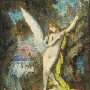 May include: A watercolor painting depicts a nude figure with long red hair, a white swan wing, and a yellow drape. The background features a waterfall, trees, and a sunset, creating a serene, classical scene.