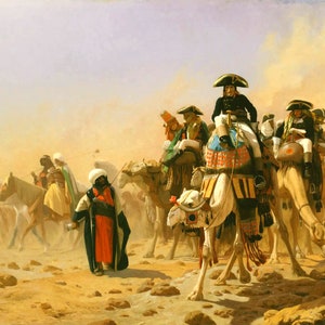 May include: A painting depicting a group of people riding camels and horses through a desert landscape. The figures are dressed in a variety of clothing, including military uniforms and traditional Middle Eastern garb. The painting is set against a backdrop of a hazy sky and sand dunes.