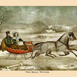 Christmas Time Horse Carriage The Road Winter by Currier and Ives American Vintage Poster Repro on Matte Paper or Canvas FREE S/H in USA