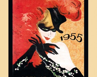 Puede incluir: Un cartel vintage de Mardi Gras con una mujer con un tocado de plumas rojas y negras y una máscara negra. El cartel tiene un fondo dorado y el texto "Mardi Gras New Orleans 1955".
