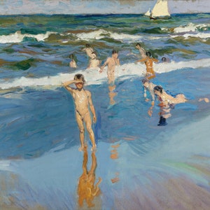 Boys Having Fun Sailing Valencia Beach Ocean Sea Spain Spanish Boats Painting by Joaquín Sorolla on Paper or Canvas FREE SHIPPING in USA