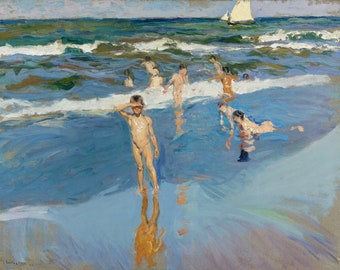Boys Having Fun Sailing Valencia Beach Ocean Sea Spain Spanish Boats Painting by Joaquín Sorolla on Paper or Canvas FREE SHIPPING in USA
