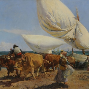 The Return from the Fishing Boats Oxen Spanish Beach 1898 Painting By Joaquin Sorolla Repro on Matte Paper or Canvas FREE SHIPPING in USA